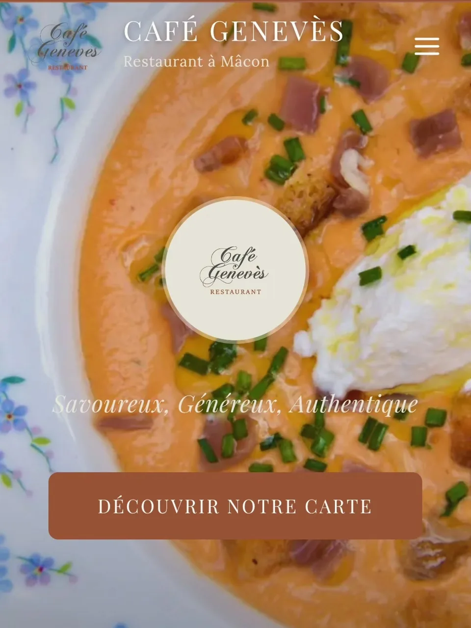Site internet Café Genevès, restaurant à Mâcon, réalisé par MF Accompagnement